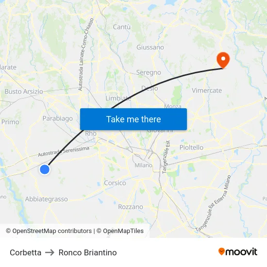 Corbetta to Ronco Briantino map