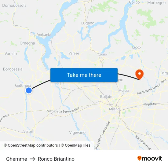 Ghemme to Ronco Briantino map