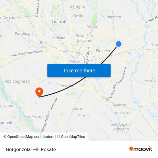 Gorgonzola to Rosate map