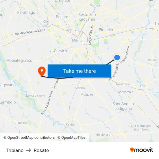 Tribiano to Rosate map