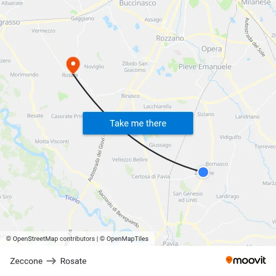 Zeccone to Rosate map