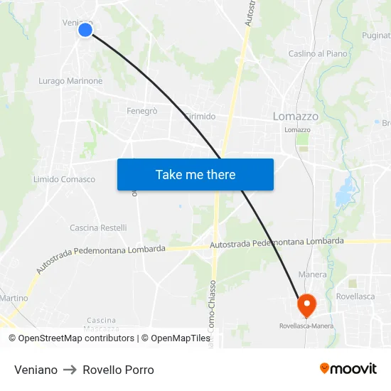 Veniano to Rovello Porro map