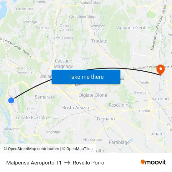 Malpensa Aeroporto T1 to Rovello Porro map