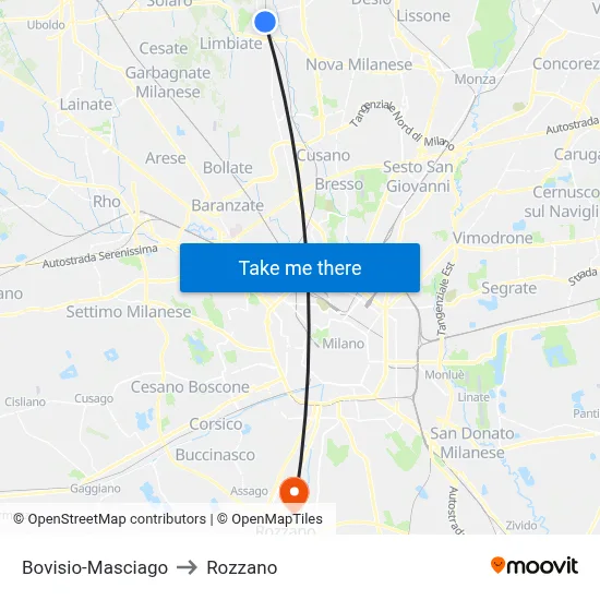 Bovisio-Masciago to Rozzano map