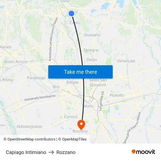Capiago Intimiano to Rozzano map