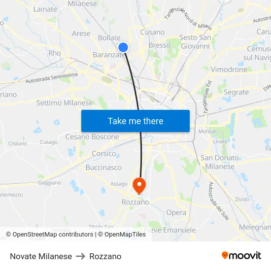 Novate Milanese to Rozzano map