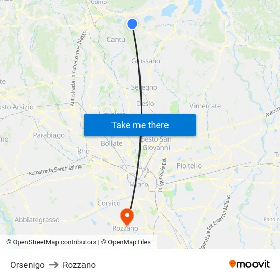 Orsenigo to Rozzano map