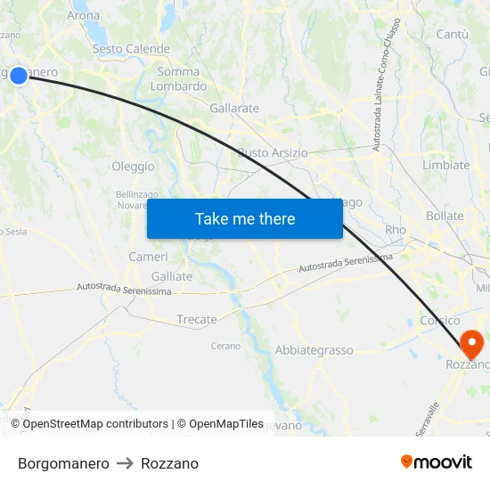 Borgomanero to Rozzano map