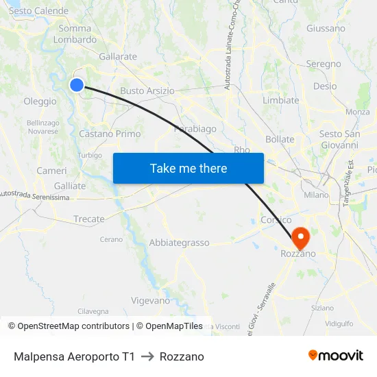 Malpensa Aeroporto T1 to Rozzano map