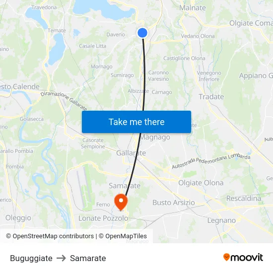 Buguggiate to Samarate map
