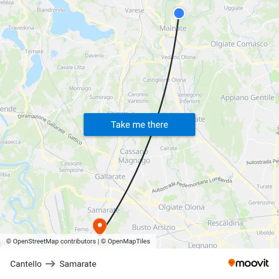 Cantello to Samarate map