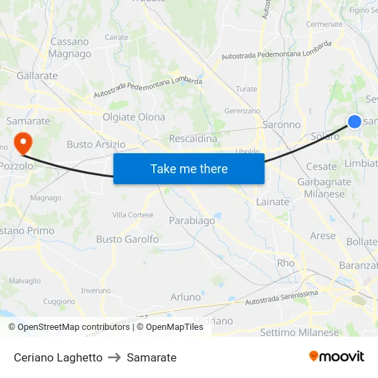 Ceriano Laghetto to Samarate map