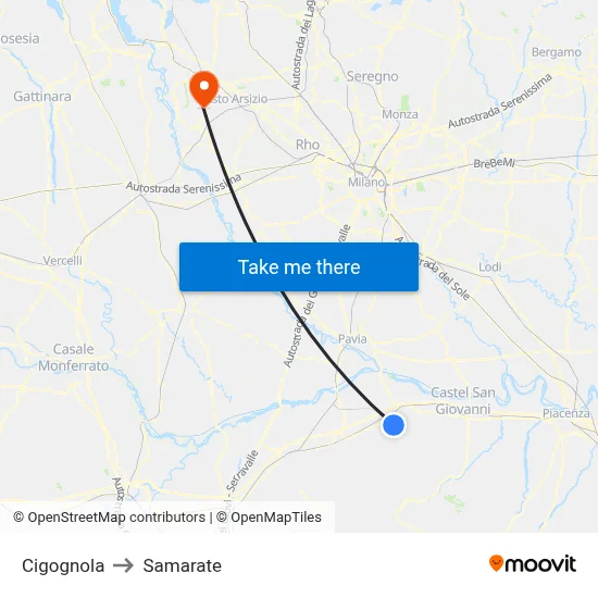 Cigognola to Samarate map