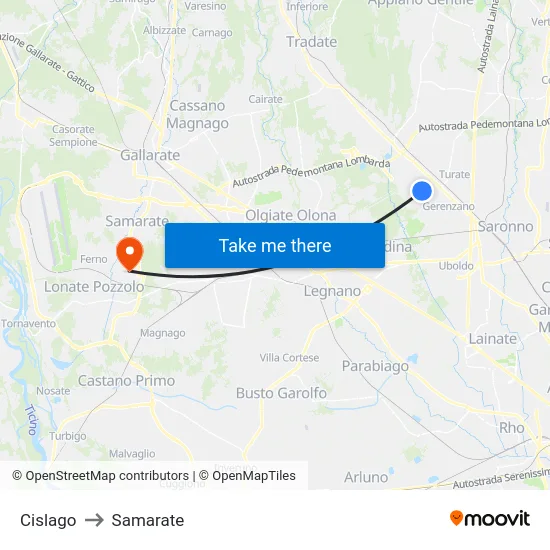 Cislago to Samarate map