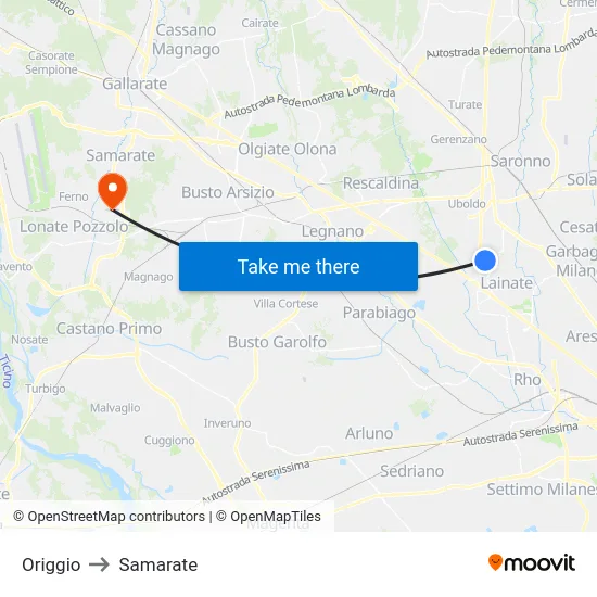 Origgio to Samarate map