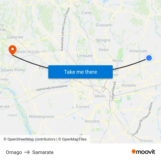 Ornago to Samarate map