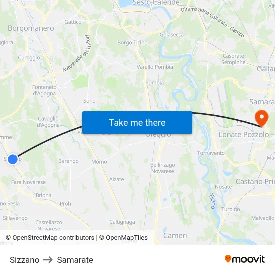 Sizzano to Samarate map