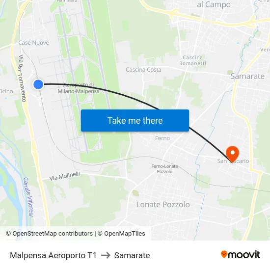 Malpensa Aeroporto T1 to Samarate map