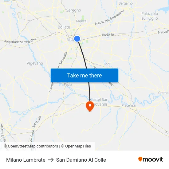 Milano Lambrate to San Damiano Al Colle map