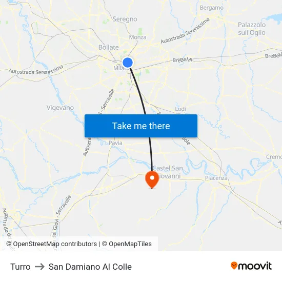 Turro to San Damiano Al Colle map