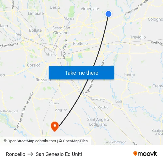 Roncello to San Genesio Ed Uniti map