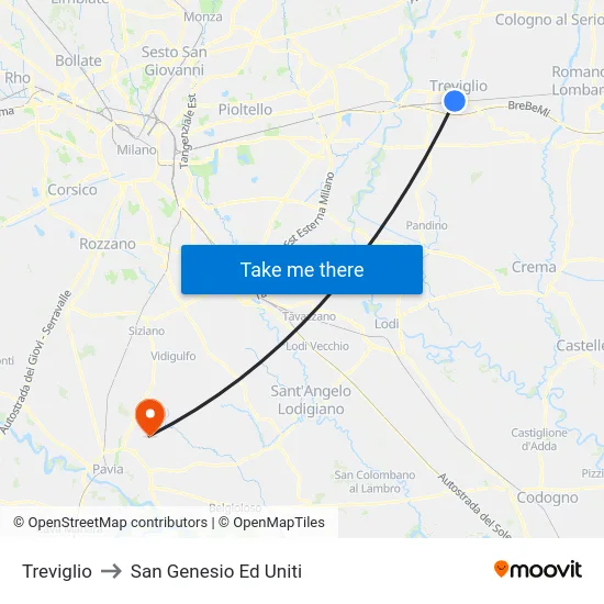 Treviglio to San Genesio Ed Uniti map