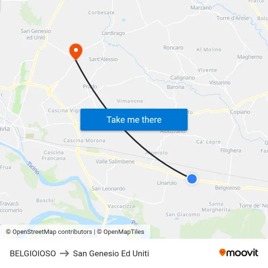 Belgioioso to San Genesio Ed Uniti map