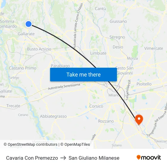 Cavaria Con Premezzo to San Giuliano Milanese map