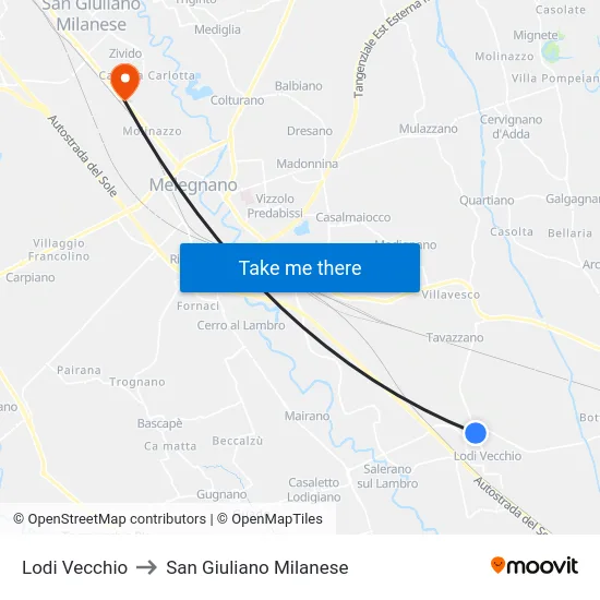 Lodi Vecchio to San Giuliano Milanese map