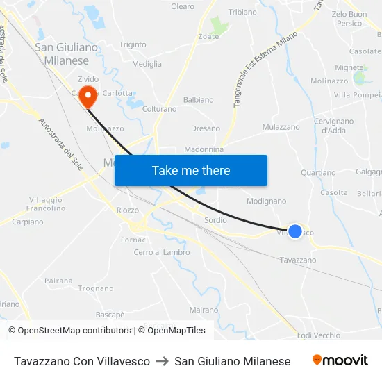 Tavazzano Con Villavesco to San Giuliano Milanese map