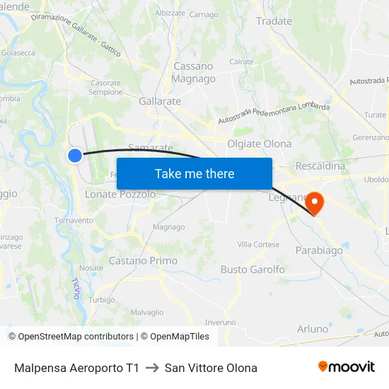 Malpensa Aeroporto T1 to San Vittore Olona map