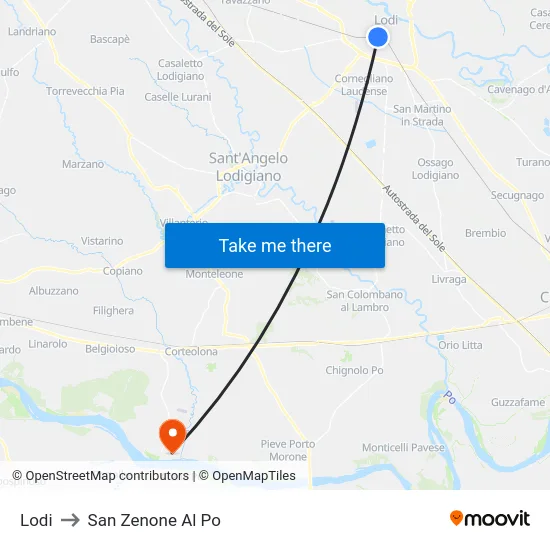Lodi to San Zenone al Po map