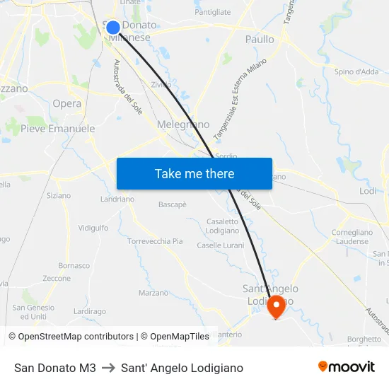 San Donato M3 to Sant' Angelo Lodigiano map