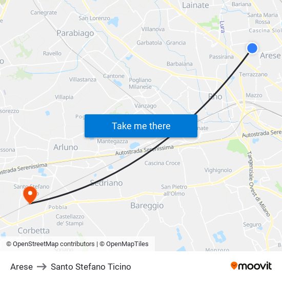 Arese to Santo Stefano Ticino map