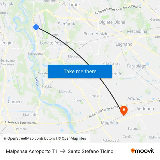 Malpensa Aeroporto T1 to Santo Stefano Ticino map