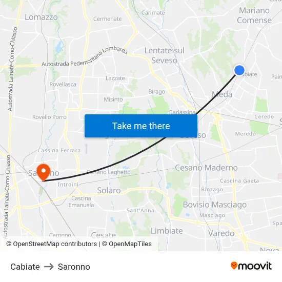 Cabiate to Saronno map