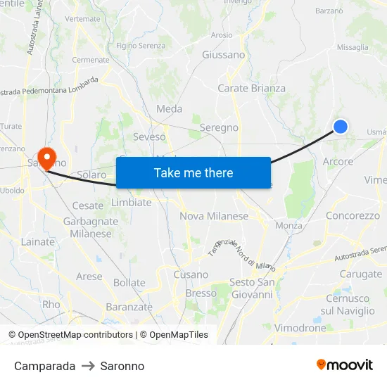 Camparada to Saronno map