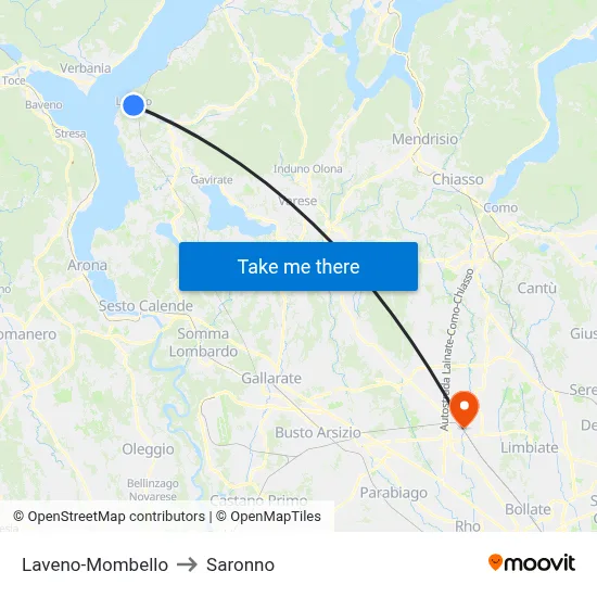 Laveno-Mombello to Saronno map
