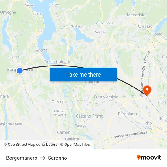Borgomanero to Saronno map