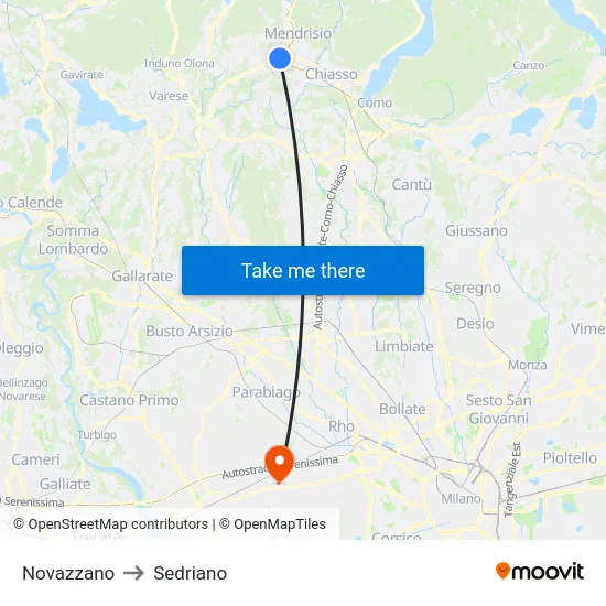 Novazzano to Sedriano map