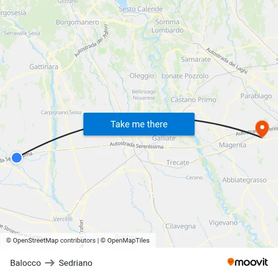 Balocco to Sedriano map