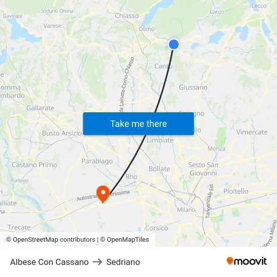 Albese Con Cassano to Sedriano map