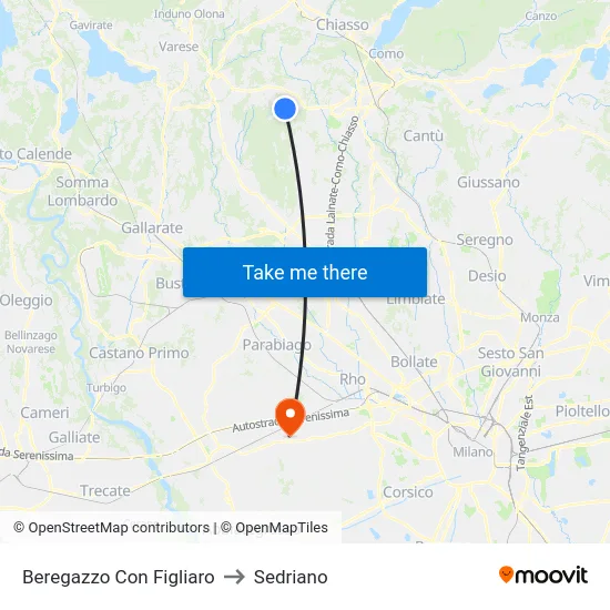 Beregazzo con Figliaro to Sedriano map