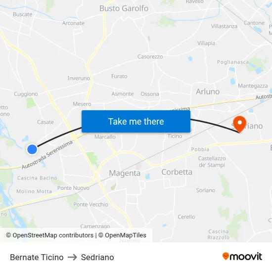 Bernate Ticino to Sedriano map