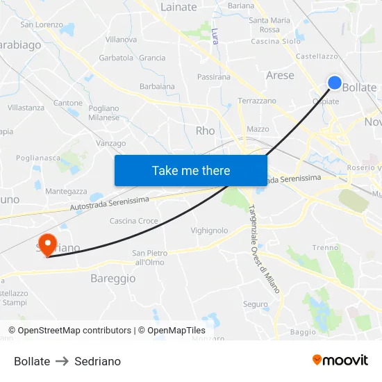 Bollate to Sedriano map