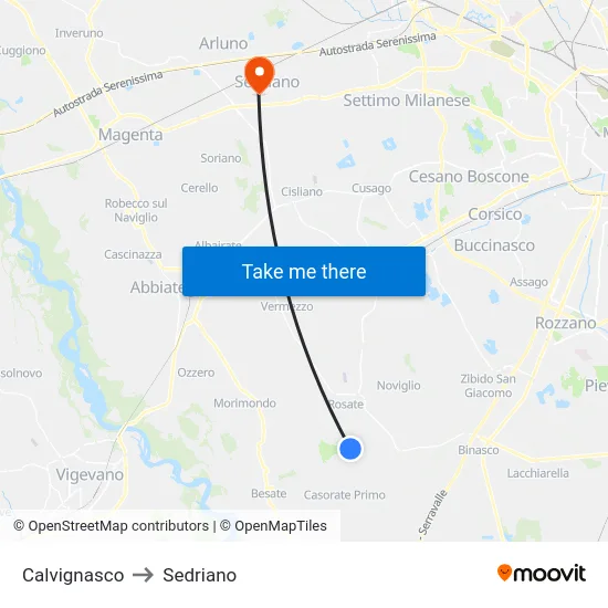 Calvignasco to Sedriano map