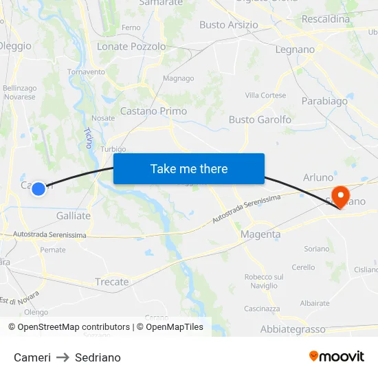 Cameri to Sedriano map