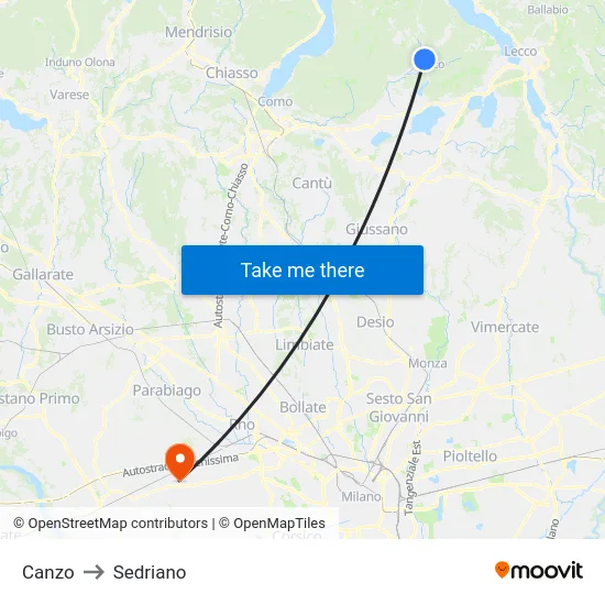 Canzo to Sedriano map
