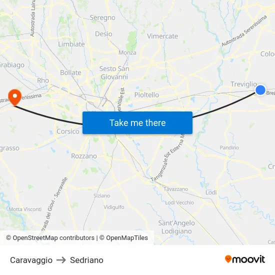 Caravaggio to Sedriano map