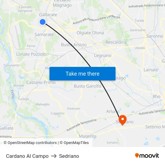 Cardano al Campo to Sedriano map